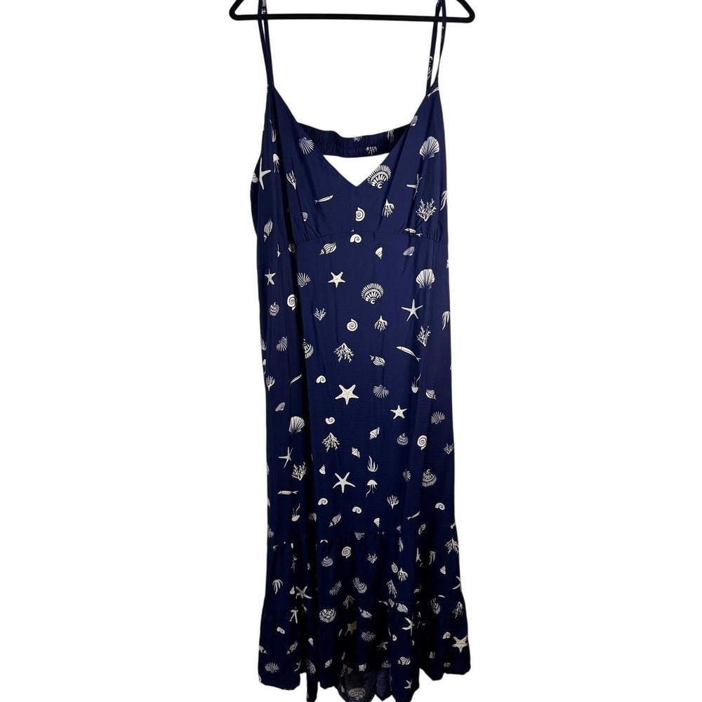 Target Midi Dress Women 4XL Navy Blue Seashell Starfish Print Open Back Tiered